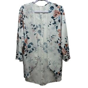 New! Women’s Sz M Cardigan-Kimono High-Low Hem In White, Blue & Rose, V573